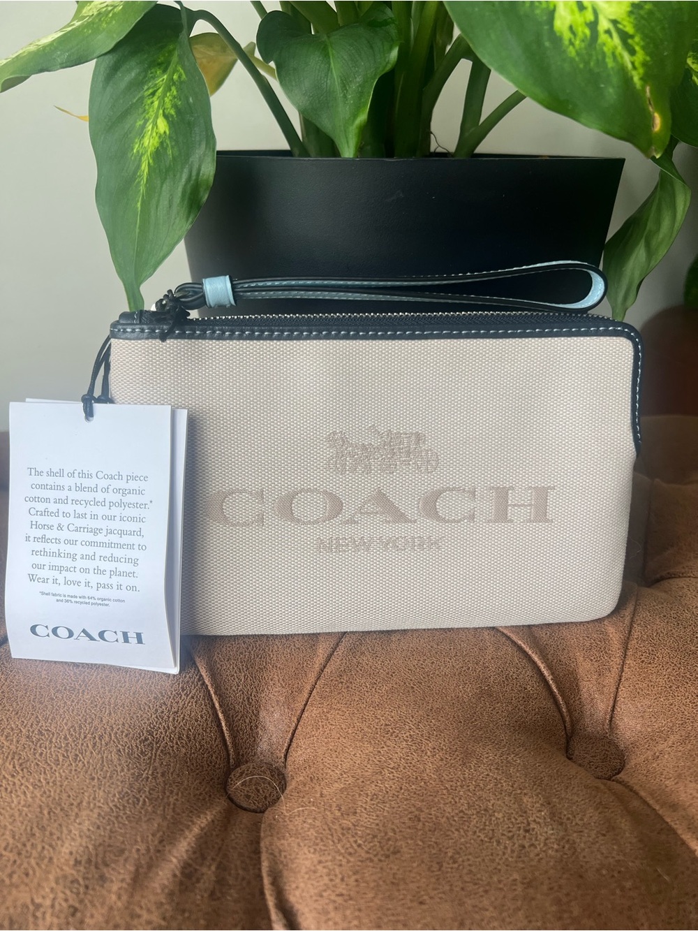 Coach Beige Canvas Large Corner Zip Wristlet with Navy Trim andLight Blue Strap